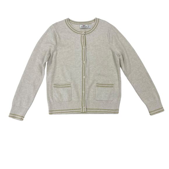 Vineyard Vines Button Front Beige Cardigan Gold Metallic Trim Girl's 7/8 - Picture 1 of 7